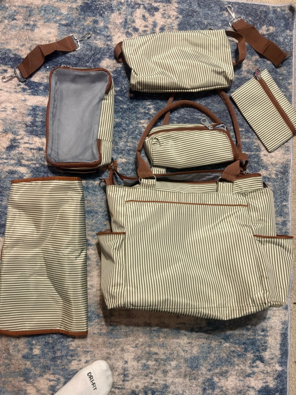 Striped Canvas Tote Bag Set - Brown Trim (Men Bags)